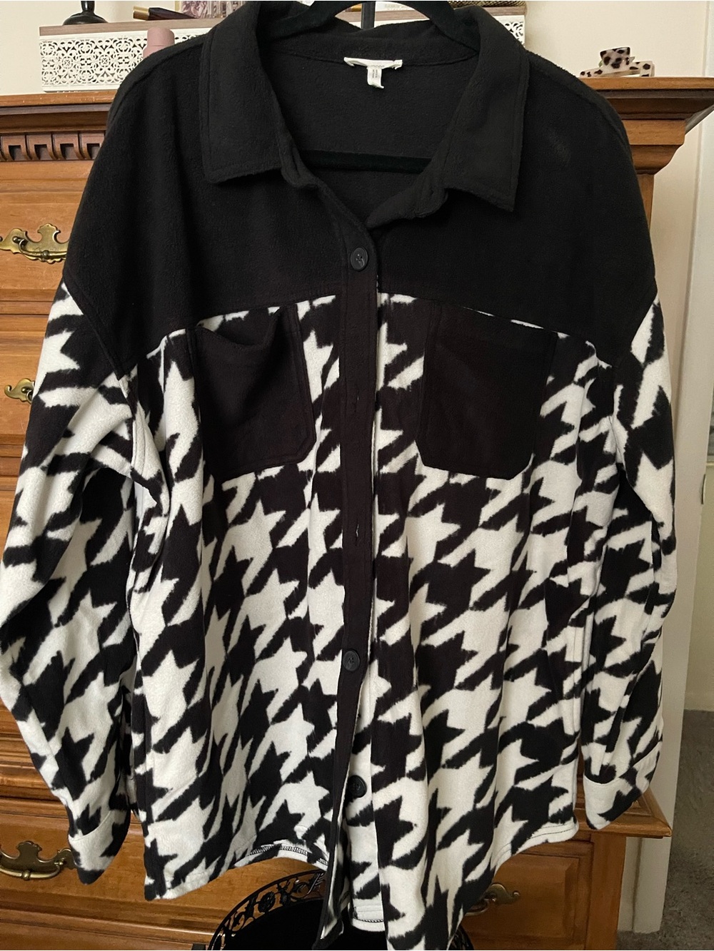 Maurices Black and White Houndstooth Teddy Shacket